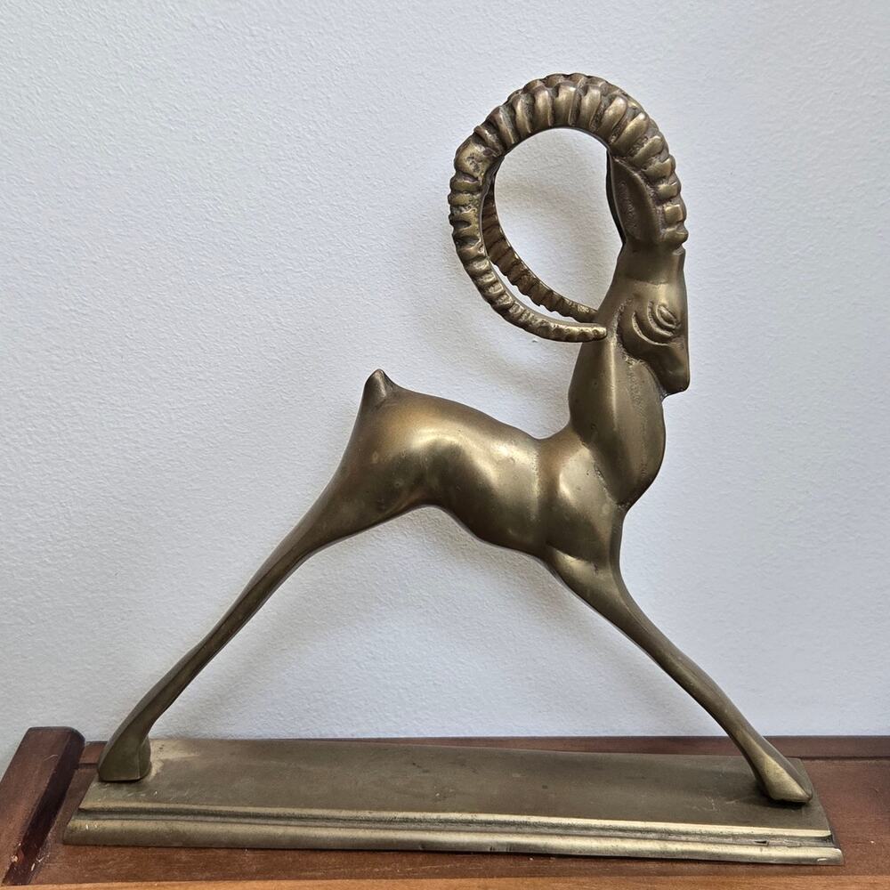 Vintage French Art Deco Brass Ibex Figurine MCM Approx 9" and Weighs 2lbs
